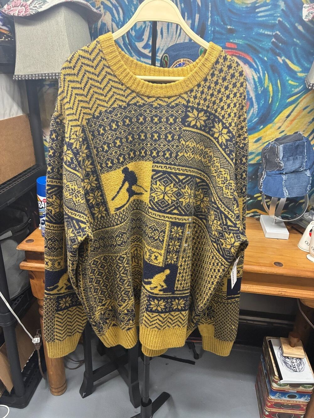 Mens XXL Nordic Ski Sweater Mustard Yellow Navy Fair Isle Crewneck Pullover